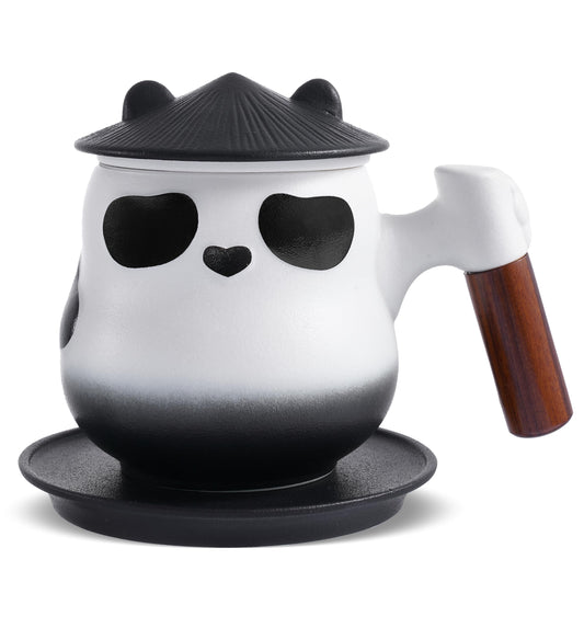ZENS Tea Cup with Infuser and Lid for Loose Leaf Tea Steeper 11 oz Cute Panda Tea Mug with Strainer and Coaster for Tea Steeper Wood Handle Ceramic Tea Cup for Daughter Collectors Mug Gifts